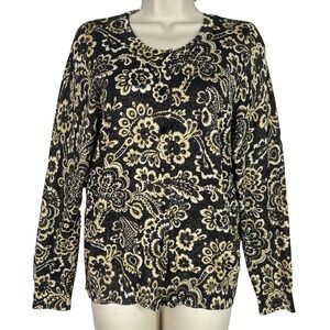 Talbots Sweater Womens Large Black Gold Metallic Floral Paisley Cardigan‎ Knit